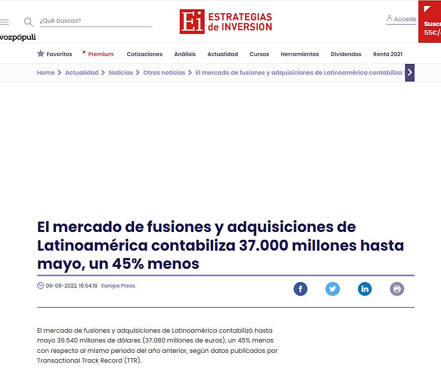 El mercado de fusiones y adquisiciones de Latinoamrica contabiliza 37.000 millones hasta mayo, un 45% menos